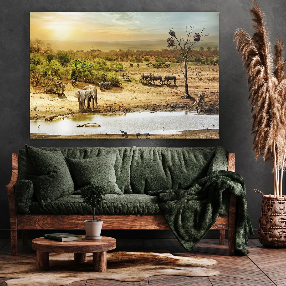 Obraz na plátne - Slony a divé zvieratá pri napájadle pri západe slnka - 70x50cm - „Z raja opäť pramenila rieka…“ - Moderná nástenná dekorácia do obývacej izby a spálne ARTTOR
