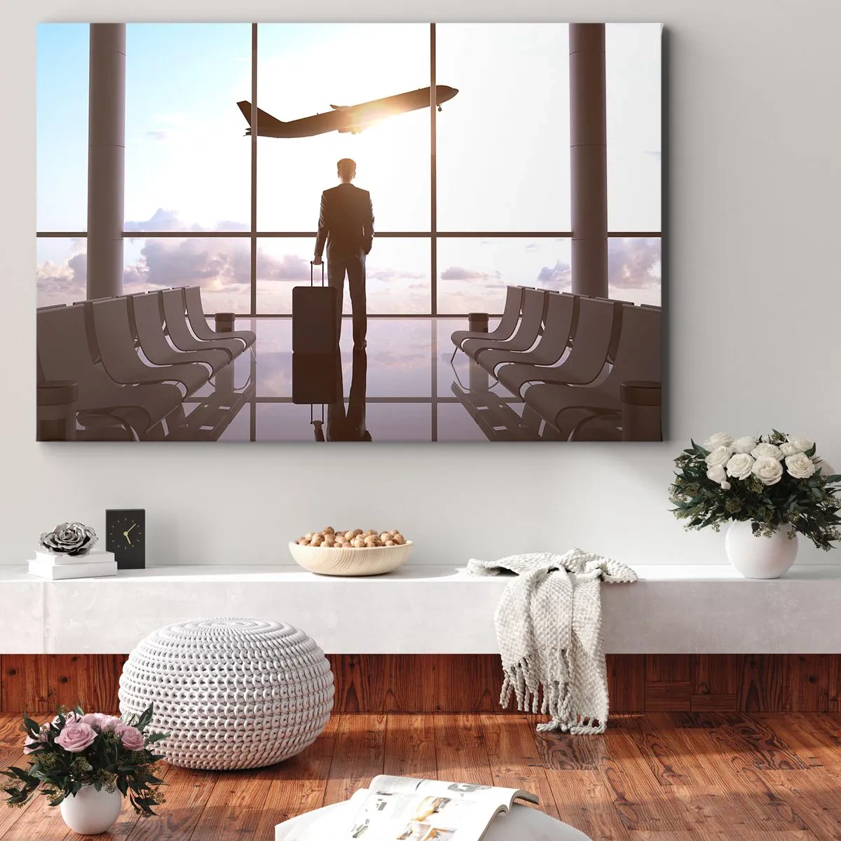 Obraz na plátne - Podnikateľ na letisku s lietadlom v pozadí - 70x50cm - Máš čas, spomaľ - Moderná nástenná dekorácia do obývacej izby a spálne ARTTOR