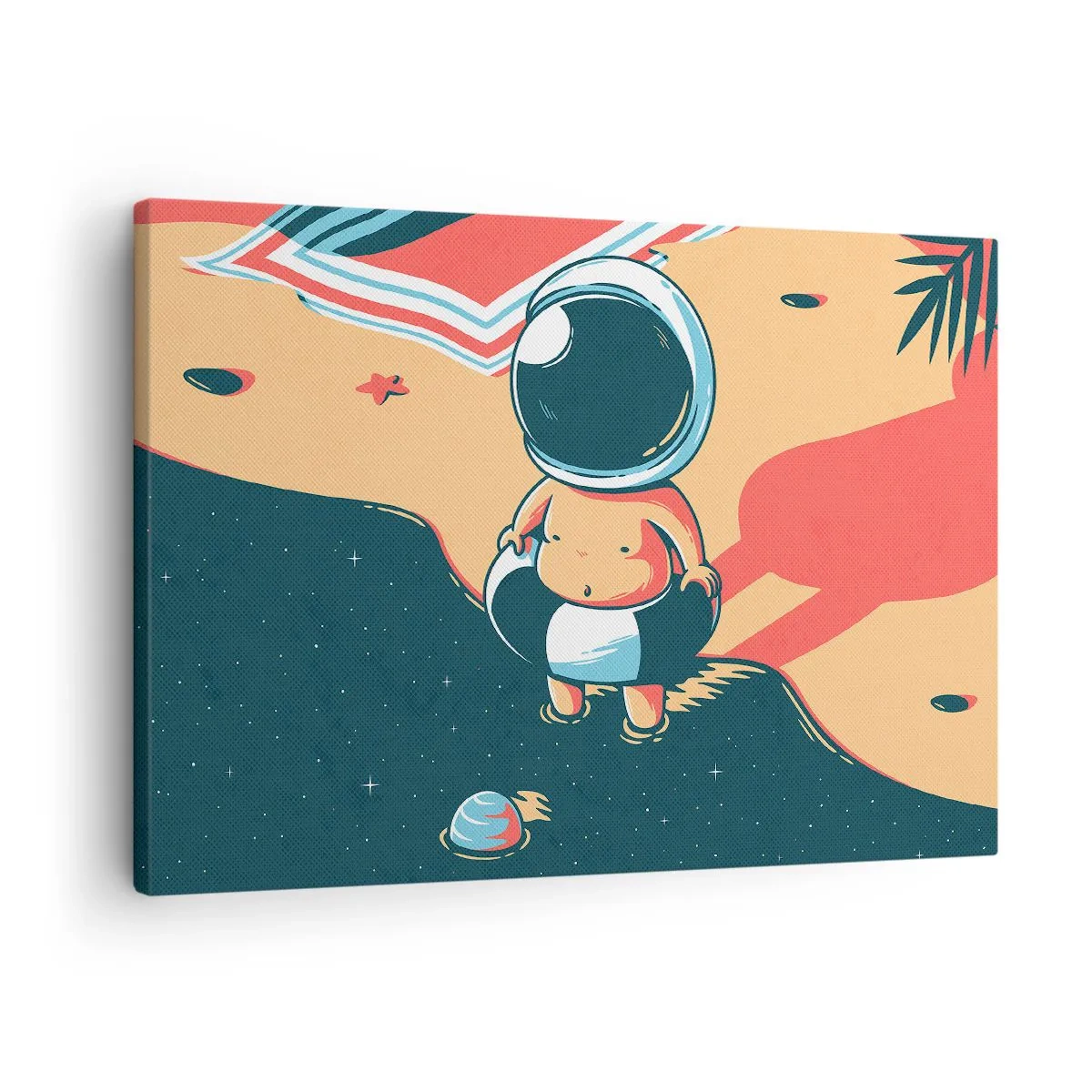 Obraz na plátne - Zábavný astronaut na pláži s vesmírnymi prvkami v pozadí - 70x50cm - Z iného pohľadu - Moderná nástenná dekorácia do obývacej izby a spálne ARTTOR