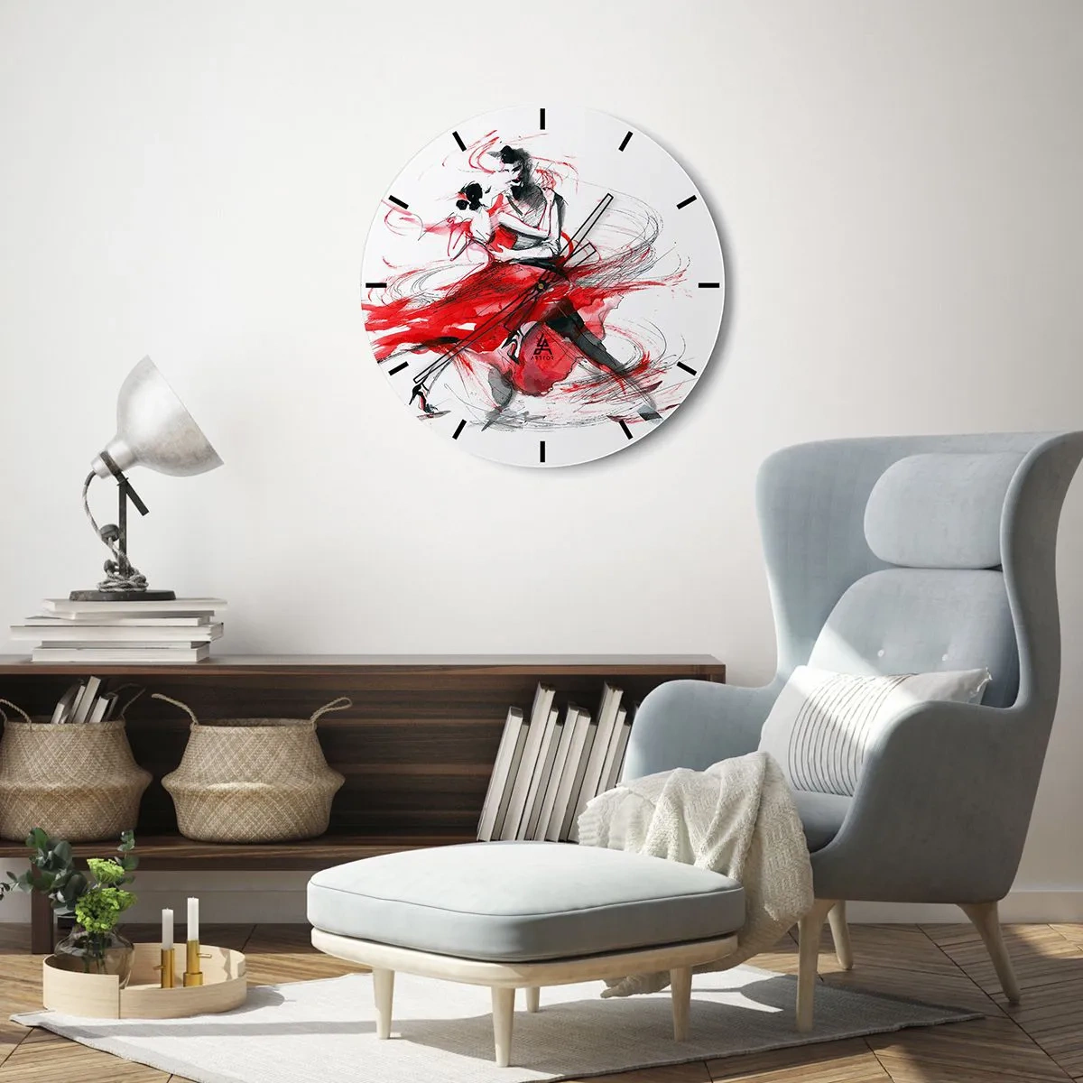 Nástenné hodiny - Tanečníci tanga v červených, dynamických akvarelových ťahoch - 30x30cm - Tango - rytmus náruživosťou - Moderná nástenná dekorácia do obývacej izby, kuchyne a spálne ARTTOR