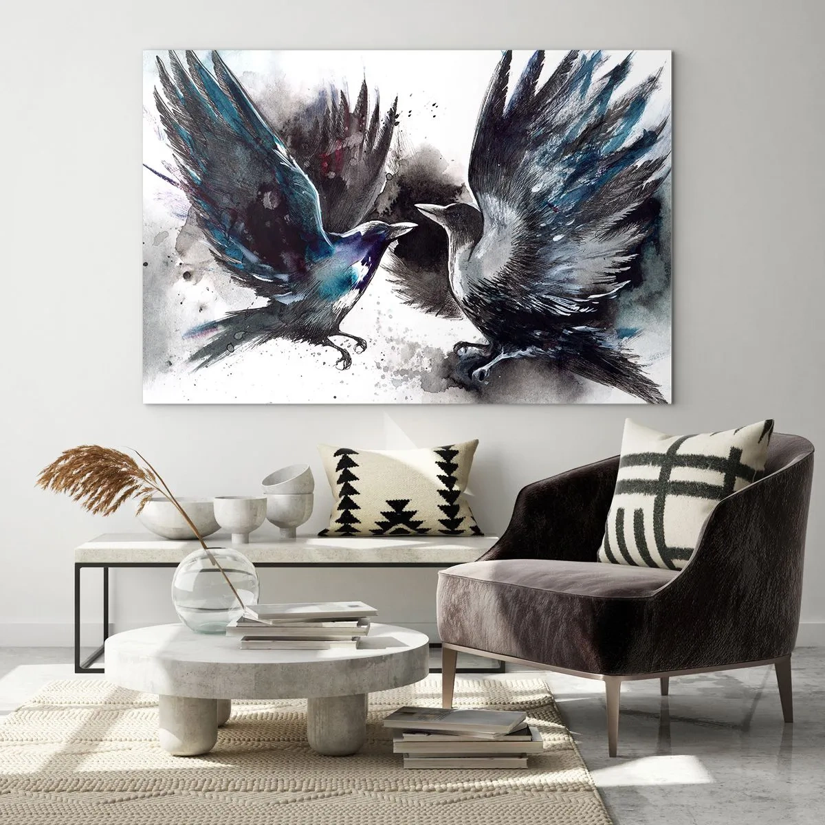 Obraz na skle - Dva havrany v dynamickej póze s rozprestretými krídlami - 70x50cm - Havran havranovi… - Moderná nástenná dekorácia do obývacej izby a spálne ARTTOR