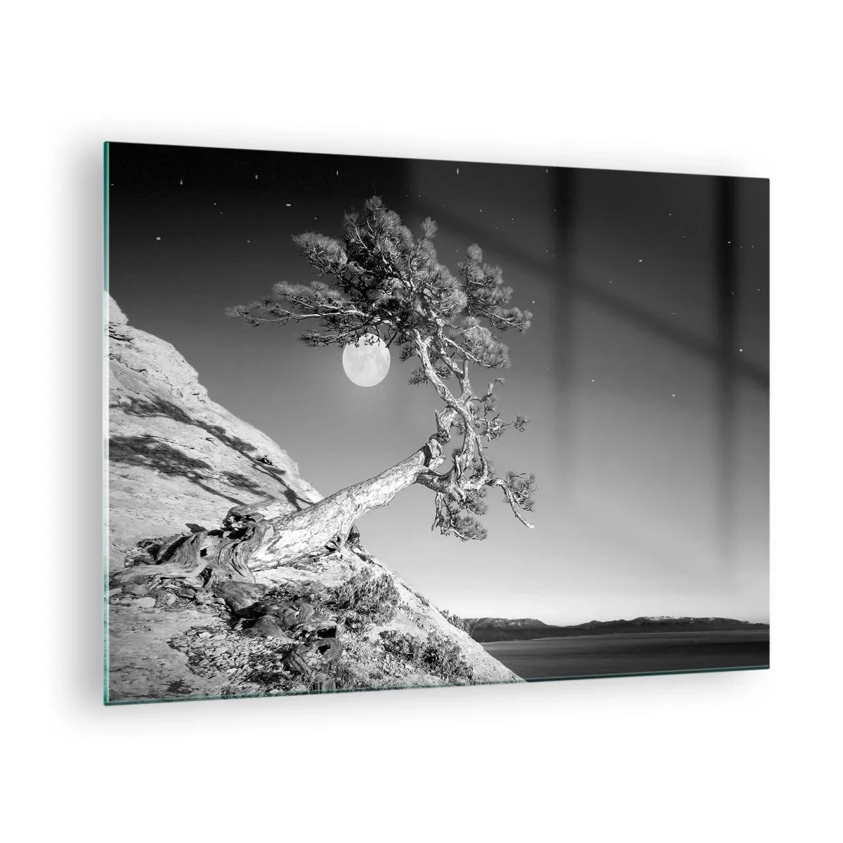 Obraz na skle - Naklonený strom na svahu s mesiacom v pozadí - 70x50cm - Víťazná bojovníčka - Moderná nástenná dekorácia do obývacej izby a spálne ARTTOR
