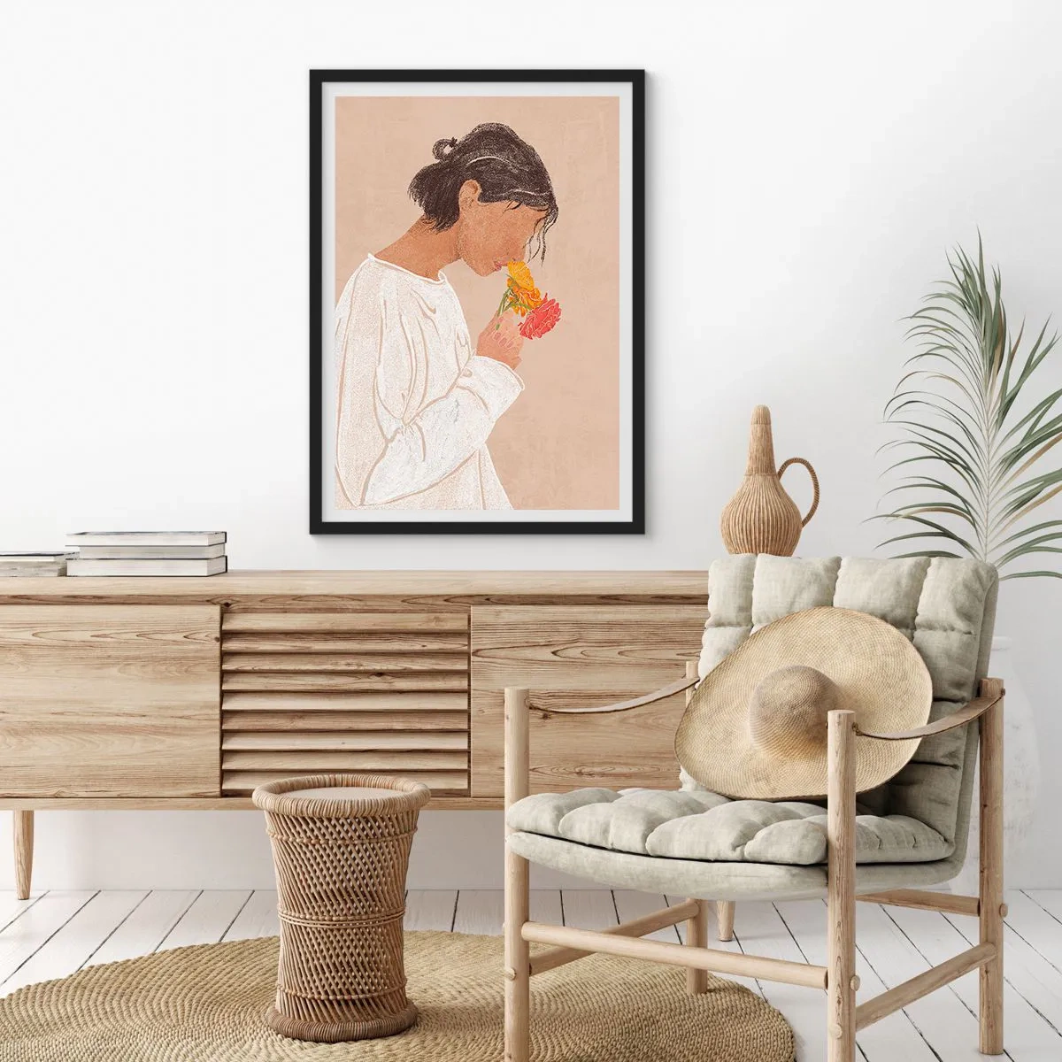 Plagát v čiernom ráme - Žena v bielom odrážajúc kvety - 50x70cm - Dievča a kvety - Moderná nástenná dekorácia do obývacej izby a spálne ARTTOR