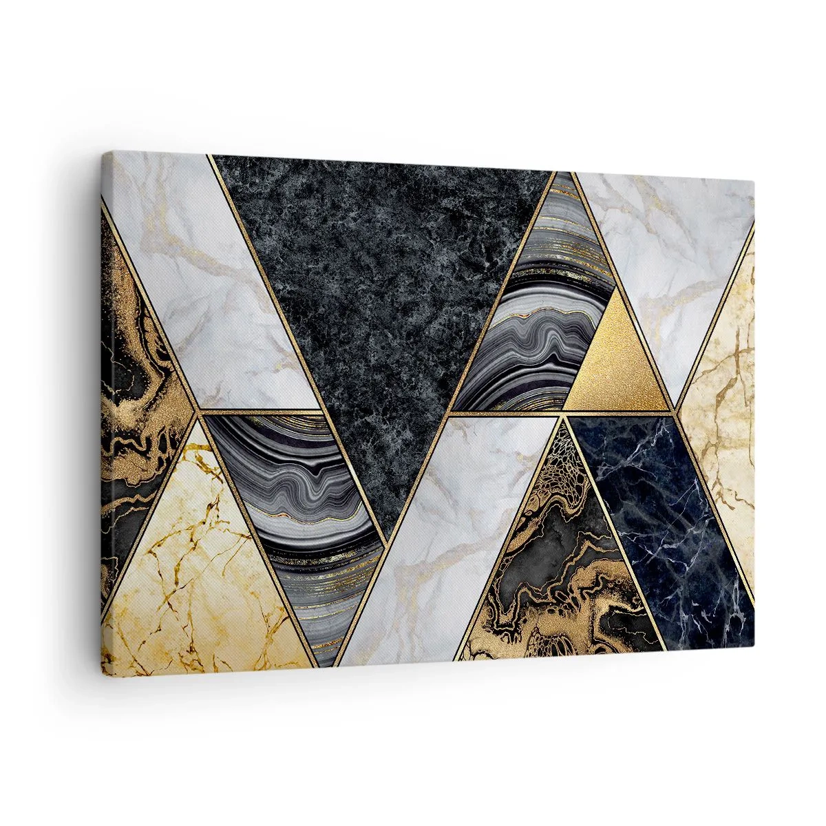 Obraz na plátne - Geometrické trojuholníky v zlatých, mramorových a tmavých odtieňoch - 70x50cm - Kameň vedľa kameňa - Moderná nástenná dekorácia do obývacej izby a spálne ARTTOR