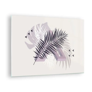 Obraz na skle - Minimalistická kompozícia s palmovými listami a geometrickými tvarmi. - 70x50cm - Tieň tieňa - Moderná nástenná dekorácia do obývacej izby a spálne ARTTOR