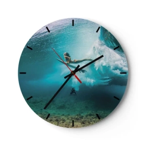 Nástenné hodiny - Surfer jazdiaci na vlne v krištáľovo čistej vode - 30x30cm - Podmorský svet - Moderná nástenná dekorácia do obývacej izby, kuchyne a spálne ARTTOR