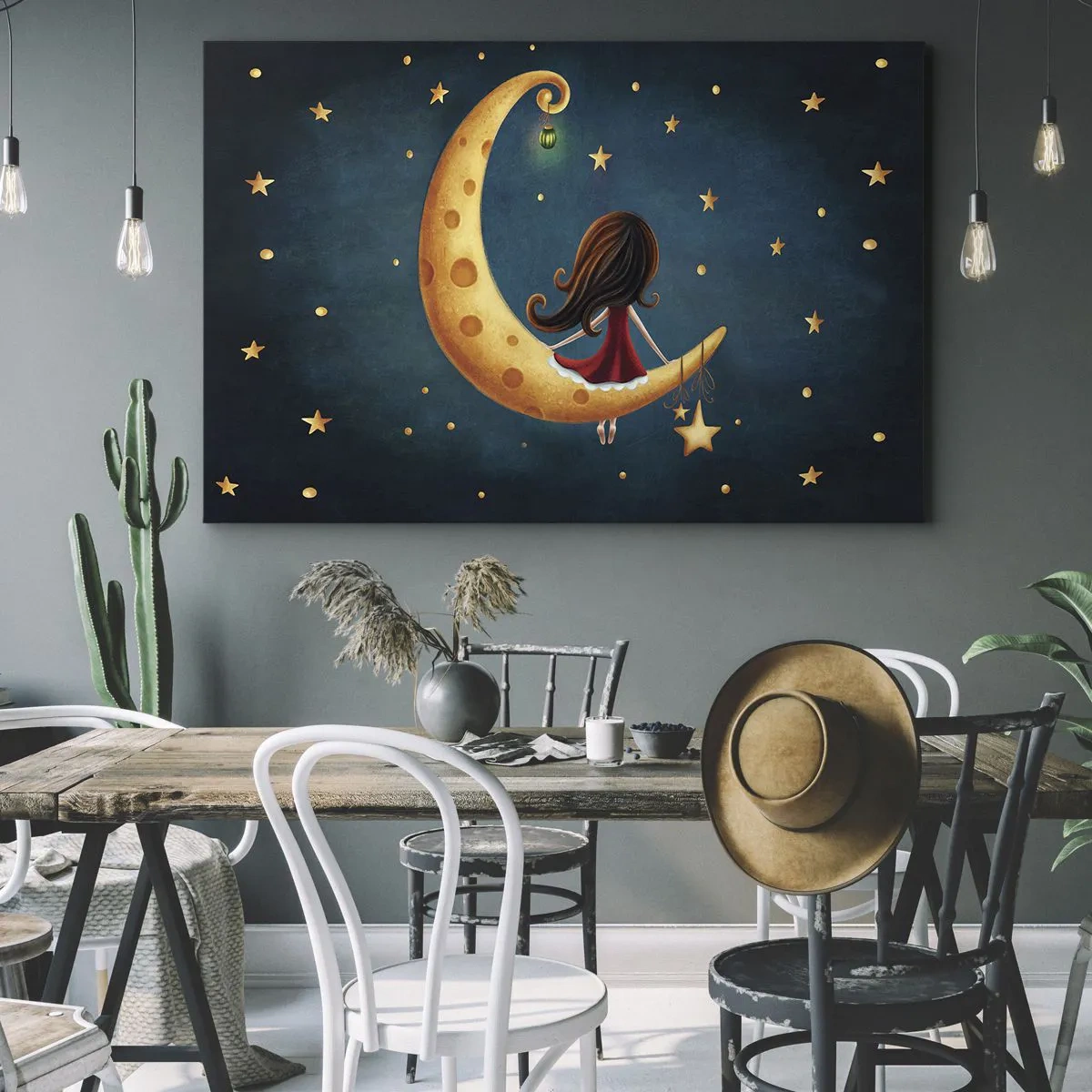 Obraz na plátne - Dievča na Mesiaci obklopené hviezdami - 70x50cm - Kedysi dávno… - Moderná nástenná dekorácia do obývacej izby a spálne ARTTOR