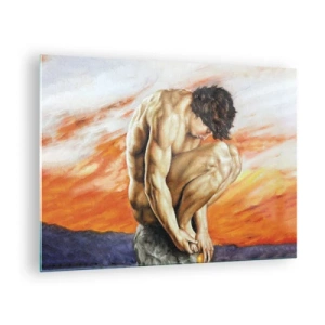 Obraz na skle - Nahé ľudské telo na pozadí intenzívne oranžovej oblohy. - 70x50cm - Ponorený do seba - Moderná nástenná dekorácia do obývacej izby a spálne ARTTOR
