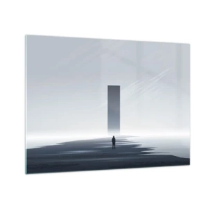 Obraz na skle - Minimalistická krajina s postavou a monolitom v diaľke. - 70x50cm - Príležitosť alebo hrozba? - Moderná nástenná dekorácia do obývacej izby a spálne ARTTOR