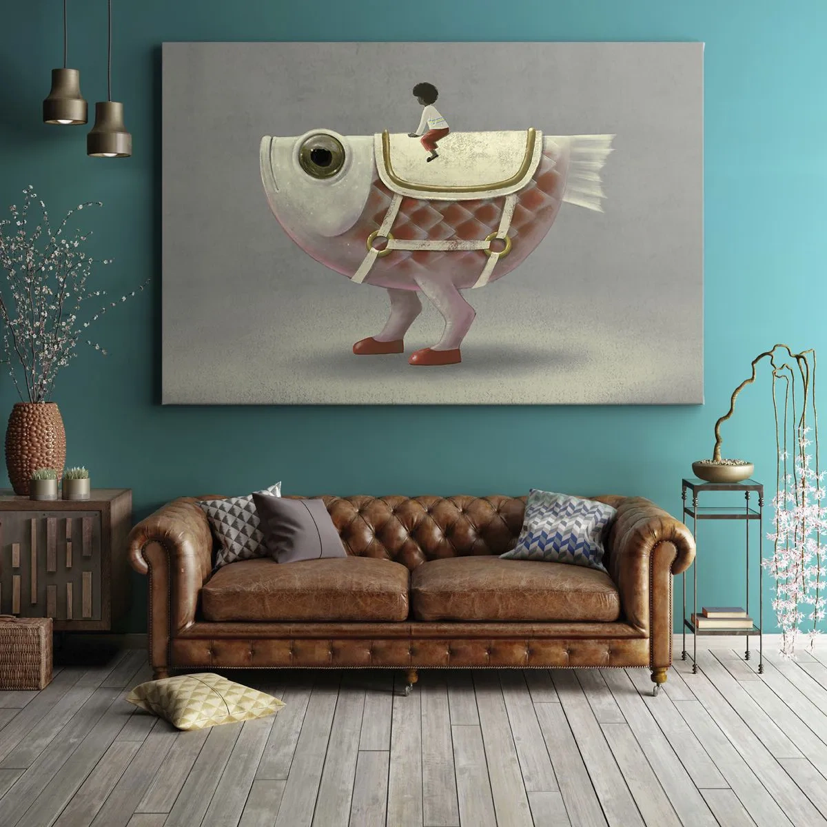 Obraz na plátne - Luxusný jazdec na rybách s nohami a sedlom - 70x50cm - Rybí jazdec - Moderná nástenná dekorácia do obývacej izby a spálne ARTTOR