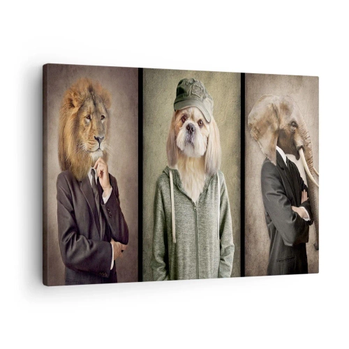 Obraz na plátne - Štylizované portréty leva, psa a slona v elegantnom oblečení - 70x50cm - Mám radšej kľud - Moderná nástenná dekorácia do obývacej izby a spálne ARTTOR