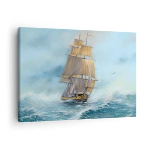Obraz na plátne - Plachetnica na rozbúrenom mori - 70x50cm - Bežiaci po vlnách - Moderná nástenná dekorácia do obývacej izby a spálne ARTTOR