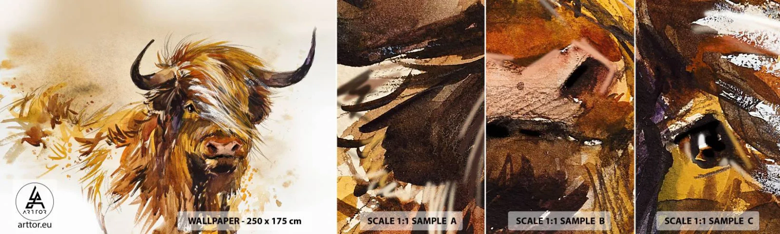Vzorka samolepiacej fototapety Deluxe Sticker - Pýcha lovca - Zvieratá, Abstrakcia, škótsky Buffalo - 100x30 cm