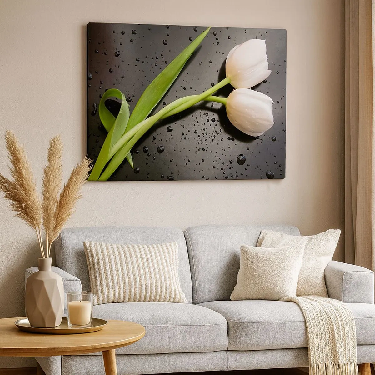 Obraz na plátne - Biele tulipány na čiernom pozadí s kvapkami vody - 70x50cm - Jarná väzba - Moderná nástenná dekorácia do obývacej izby a spálne ARTTOR