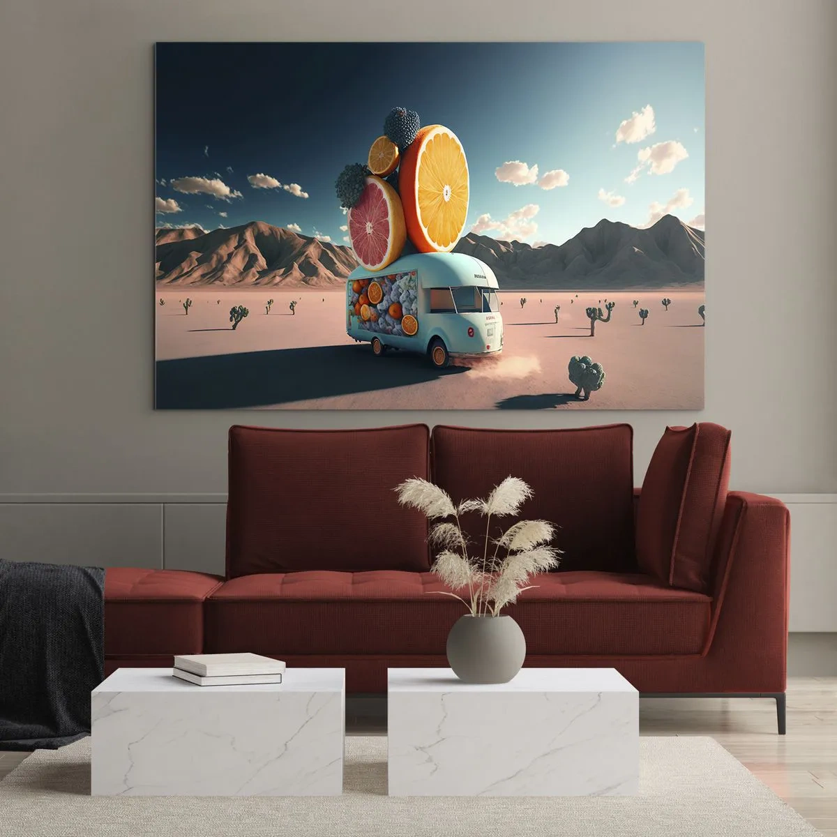 Obraz na skle - Tyrkysový karavan s ovocím na pozadí púštnej krajiny - 70x50cm - Chuť prázdnin - Moderná nástenná dekorácia do obývacej izby a spálne ARTTOR