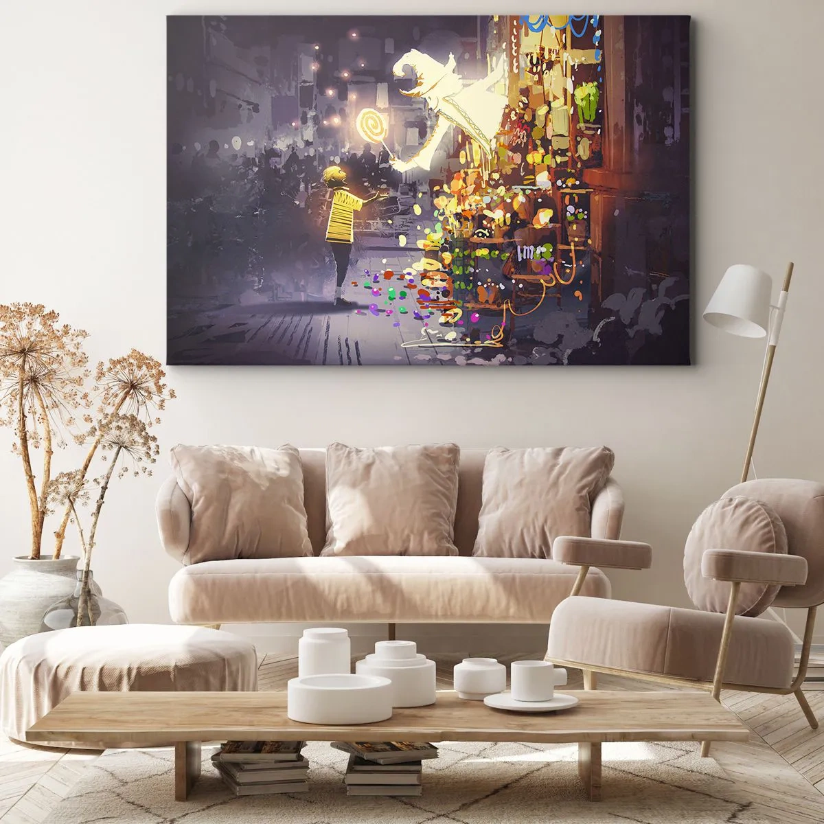 Obraz na plátne - Rozprávková postavička a dieťa na ulici plnej svetiel a mágie - 70x50cm - Kúzla existujú - Moderná nástenná dekorácia do obývacej izby a spálne ARTTOR