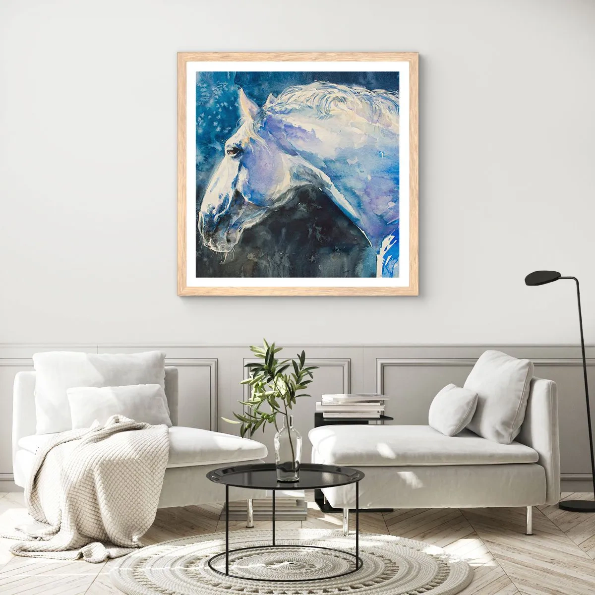 Plagát v ráme zo svetlého duba - Portrét v modrej žiare - 40x40 cm