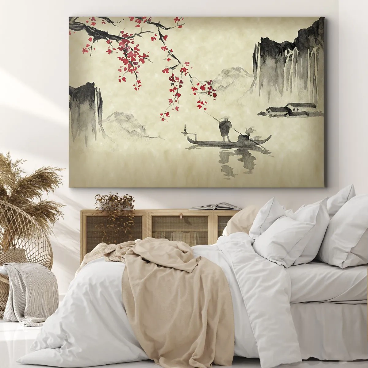 Obraz na plátne - Orientálna ilustrácia s loďkou a kvitnúcou vetvou - 70x50cm - V krajine kvitnúcich čerešní - Moderná nástenná dekorácia do obývacej izby a spálne ARTTOR