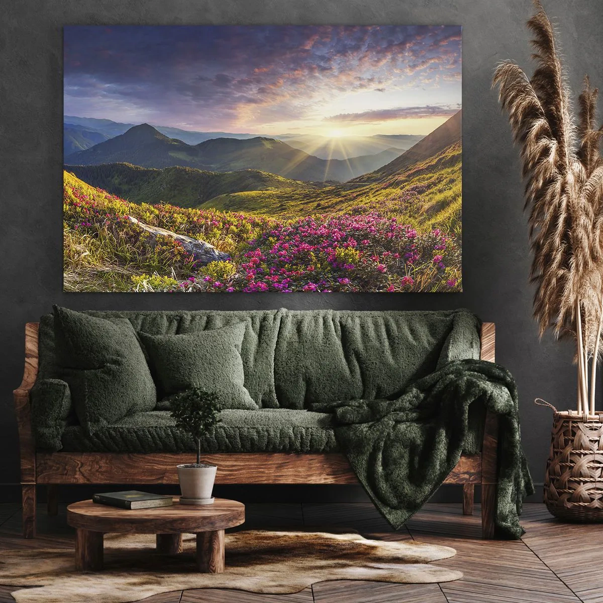 Obraz na plátne - Horská krajina s kvitnúcimi rododendronmi - 70x50cm - Sviežosť horského rána - Moderná nástenná dekorácia do obývacej izby a spálne ARTTOR