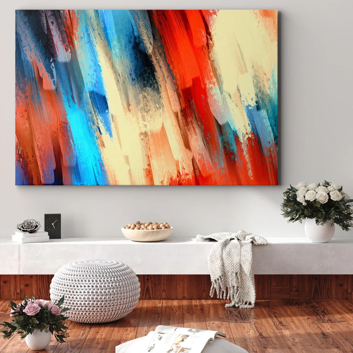 Obraz na plátne - Abstraktný ťah štetcom v odtieňoch modrej a oranžovej - 70x50cm - Vodopád farieb - Moderná nástenná dekorácia do obývacej izby a spálne ARTTOR