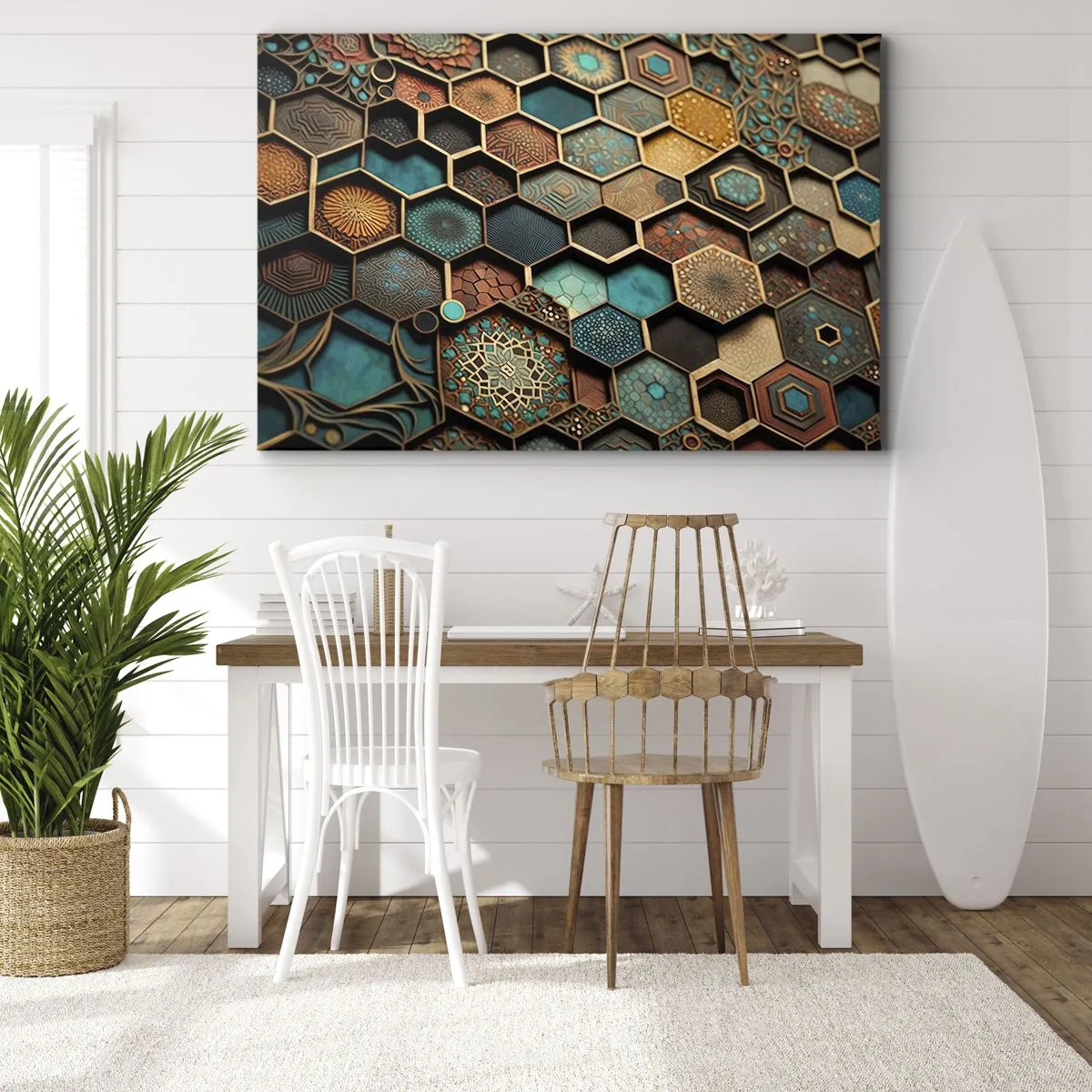 Obraz na plátne - Farebné ornamenty v šesťuholníkových vzoroch - 70x50cm - Arabské ornamenty – variácia - Moderná nástenná dekorácia do obývacej izby a spálne ARTTOR