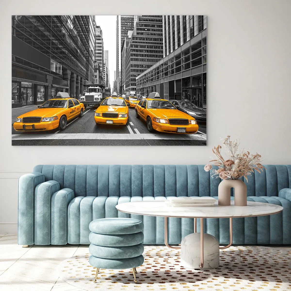 Obraz na skle - Žlté taxíky v uliciach New Yorku - 70x50cm - To my spestrujeme mesto - Moderná nástenná dekorácia do obývacej izby a spálne ARTTOR