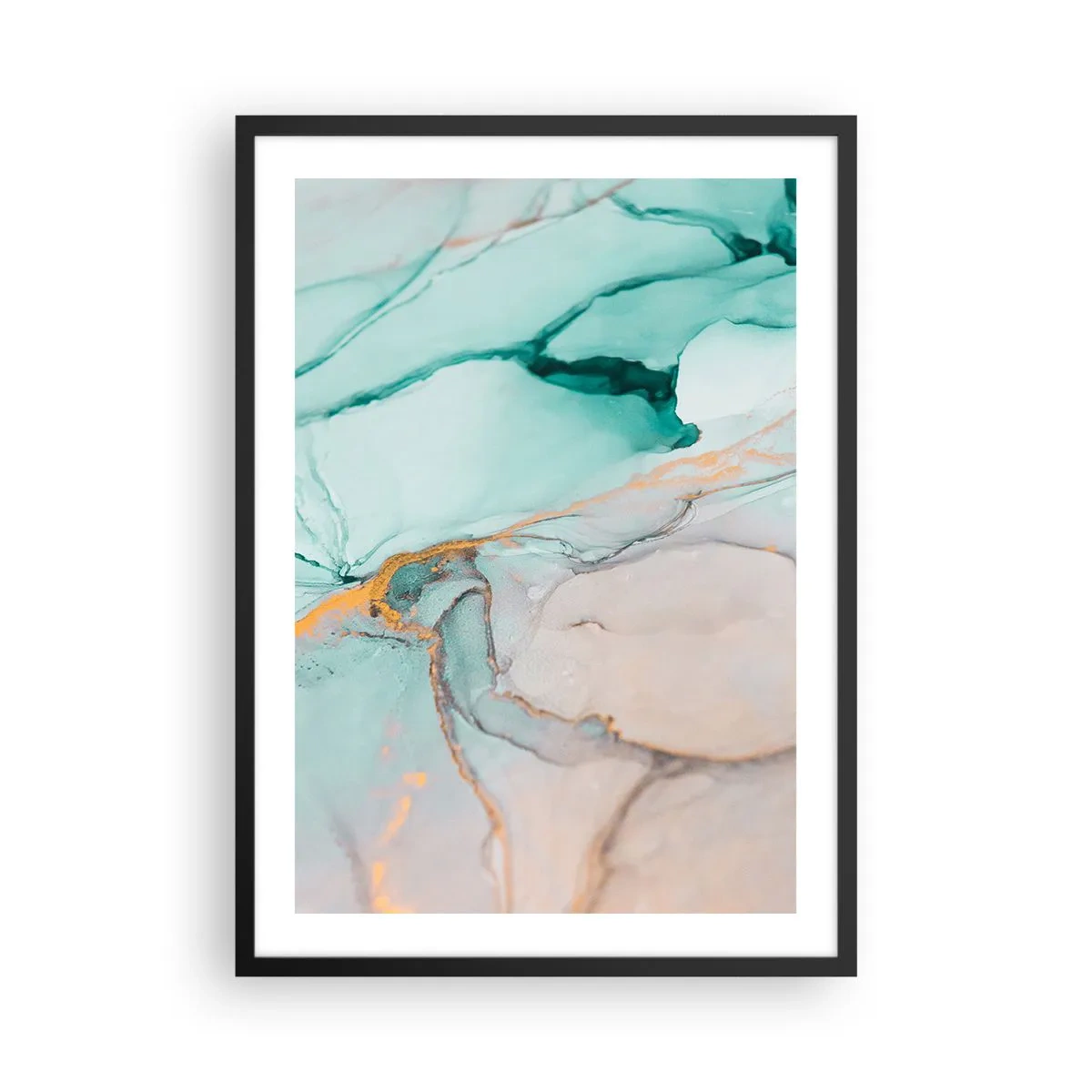 Plagát v čiernom ráme - Abstraktná kompozícia v odtieňoch tyrkysovej a zlatej. - 50x70cm - Tanec tvarov a farieb - Moderná nástenná dekorácia do obývacej izby a spálne ARTTOR