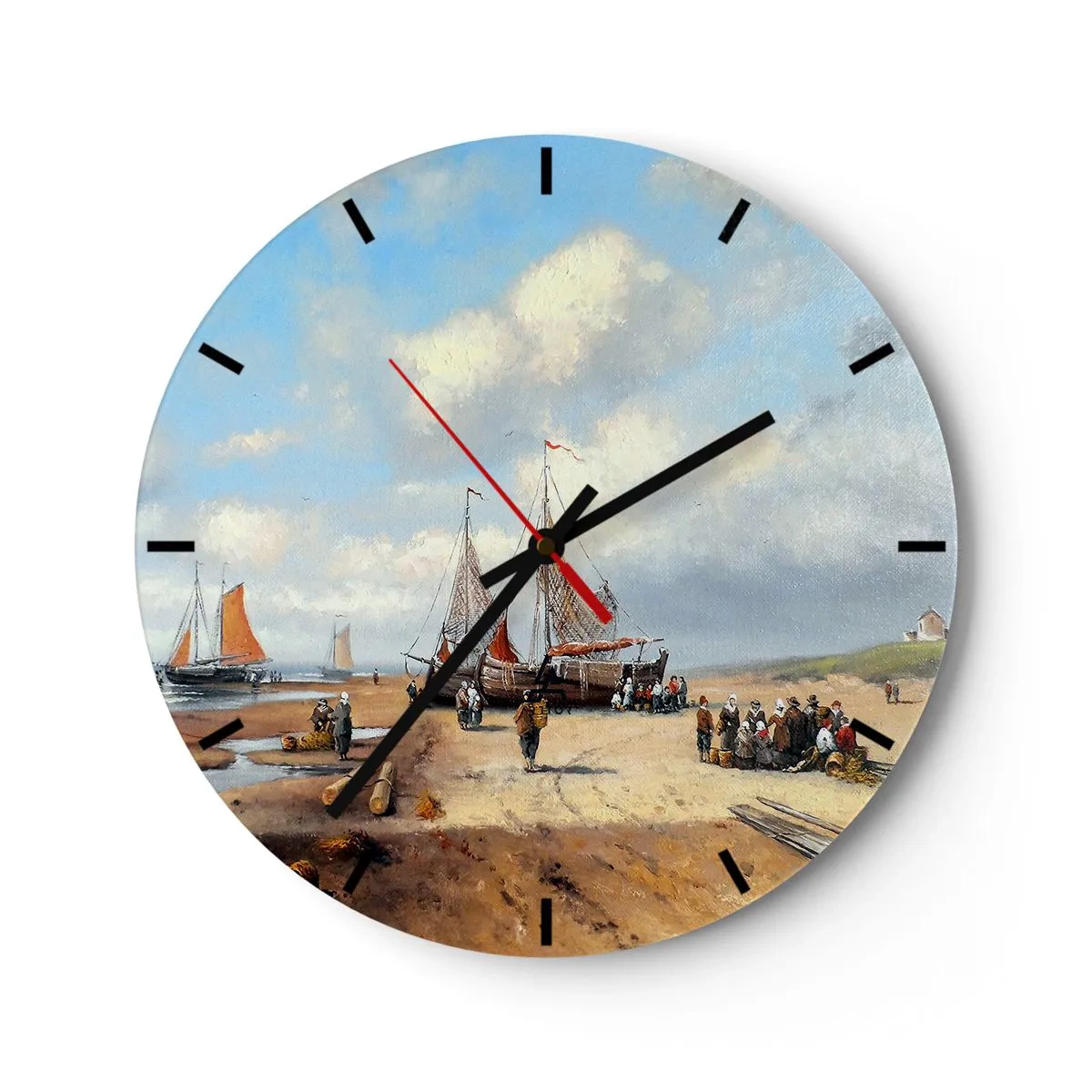Nástenné hodiny - Rybárska scéna s loďami a ľuďmi na pláži pod modrou oblohou - 30x30cm - Po úspešnom rybolove - Moderná nástenná dekorácia do obývacej izby, kuchyne a spálne ARTTOR