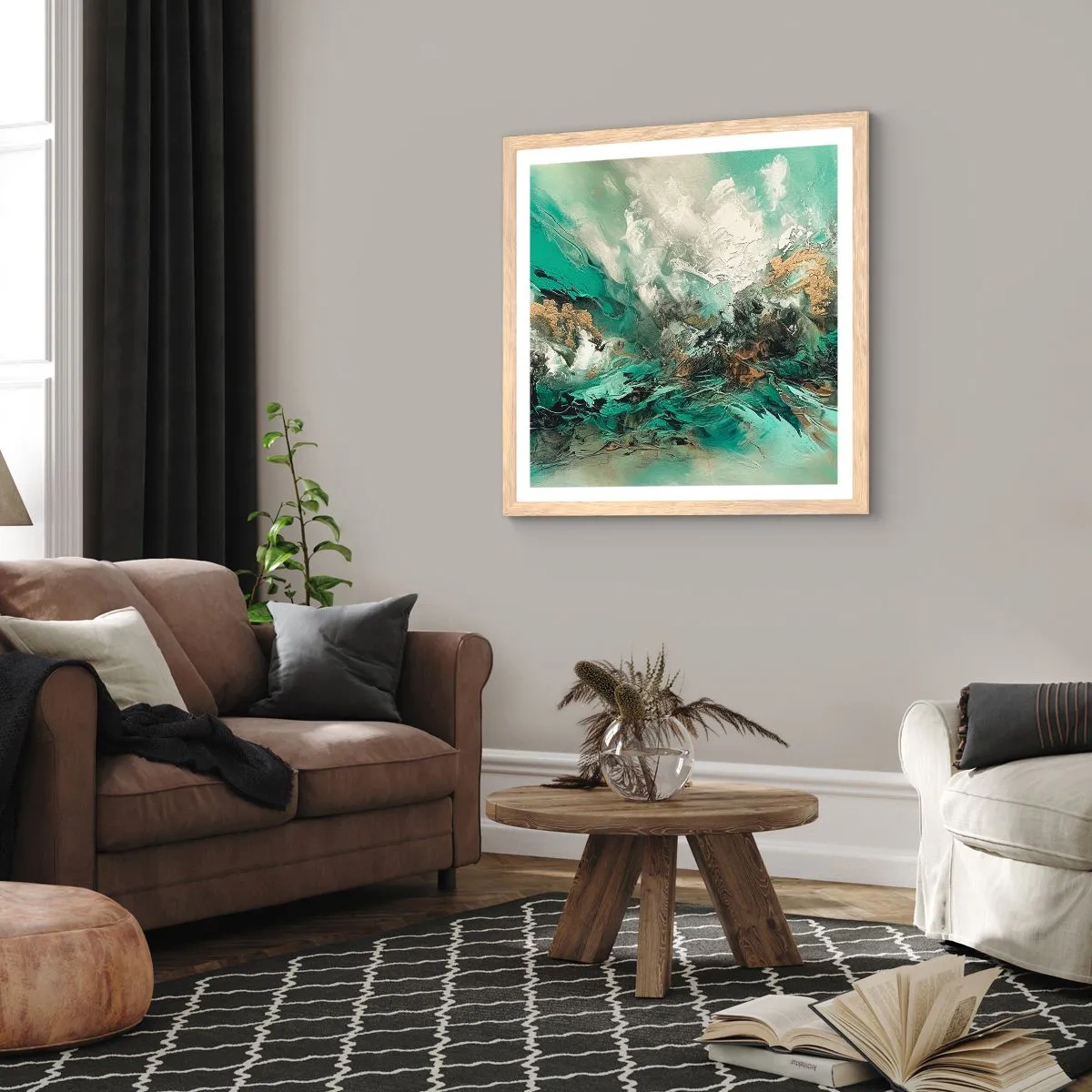 Plagát v ráme zo svetlého duba - Smaragdovočierne vlnobitie - 40x40 cm