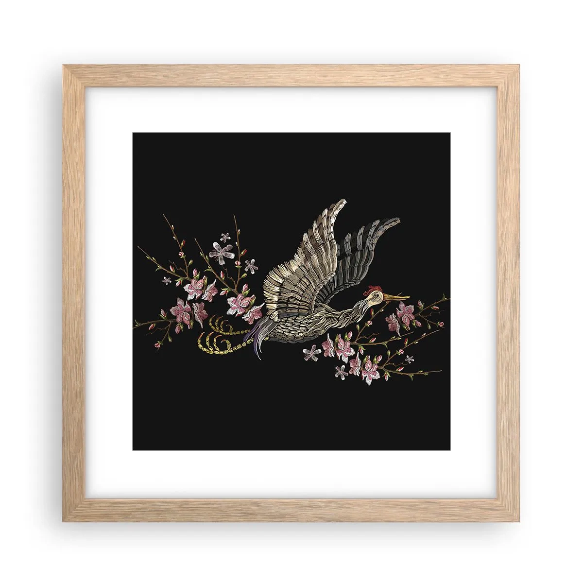 Plagát v ráme zo svetlého duba - Exotický vyšívaný vták - 30x30 cm