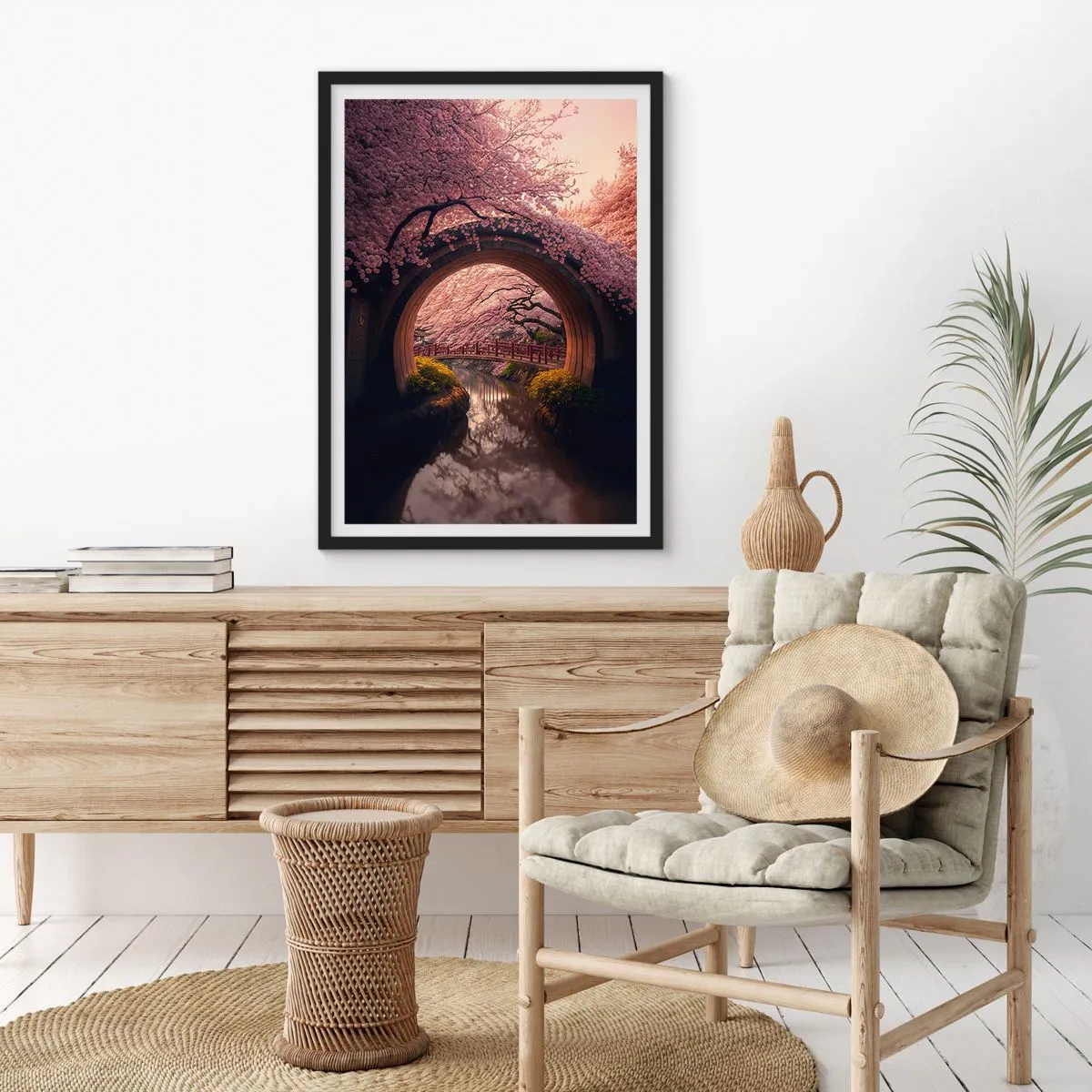 Plagát v čiernom ráme - Romantický most medzi čerešňovými kvetmi - 50x70cm - Japonská jar - Moderná nástenná dekorácia do obývacej izby a spálne ARTTOR