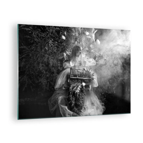 Obraz na skle - Žena v tylových šatách s klietkovým vzorom a s rastlinnou korunou v čiernobielej farbe - 70x50cm - Matka Príroda - Moderná nástenná dekorácia do obývacej izby a spálne ARTTOR