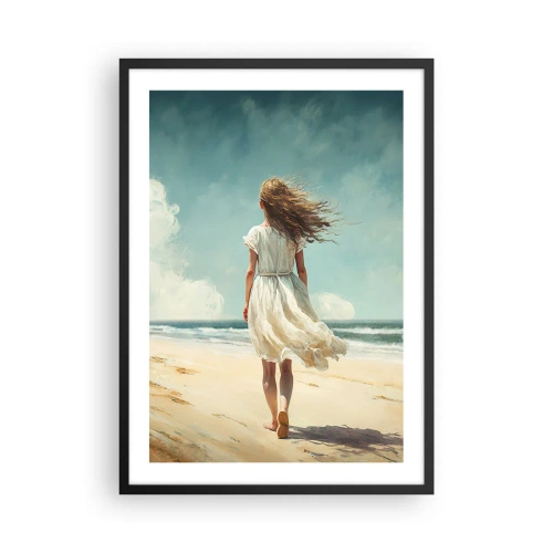 Plagát v čiernom ráme - Žena v bielych šatách kráčajúca po pláži pri mori - 50x70cm - Smerom ku slnku a vetru - Moderná nástenná dekorácia do obývacej izby a spálne ARTTOR