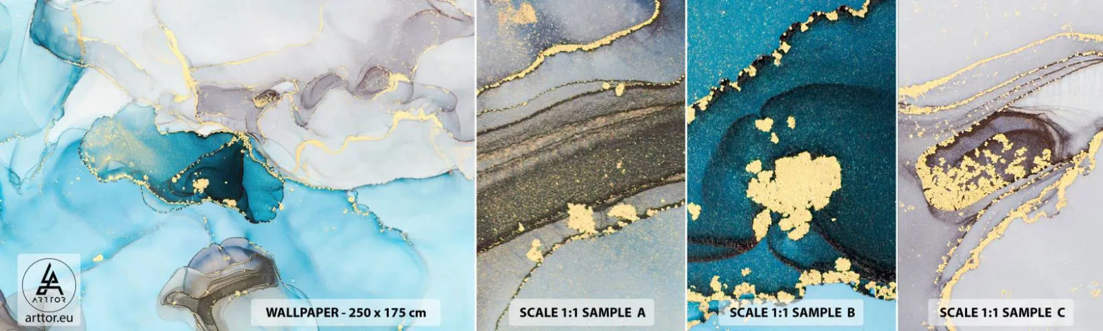 Vzorka samolepiacej fototapety Deluxe Sticker - Štúdia o stretnutí šedej a tyrkysovej - Abstrakcia, Kus, Moderný vzor - 100x30 cm