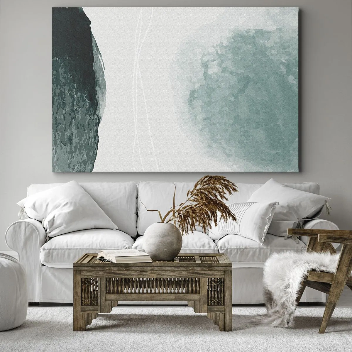 Obraz na plátne - Jemná abstraktná kompozícia v odtieňoch zelenej s jemnými formami na svetlom pozadí. - 70x50cm - Stretnutie s hmlou - Moderná nástenná dekorácia do obývacej izby a spálne ARTTOR