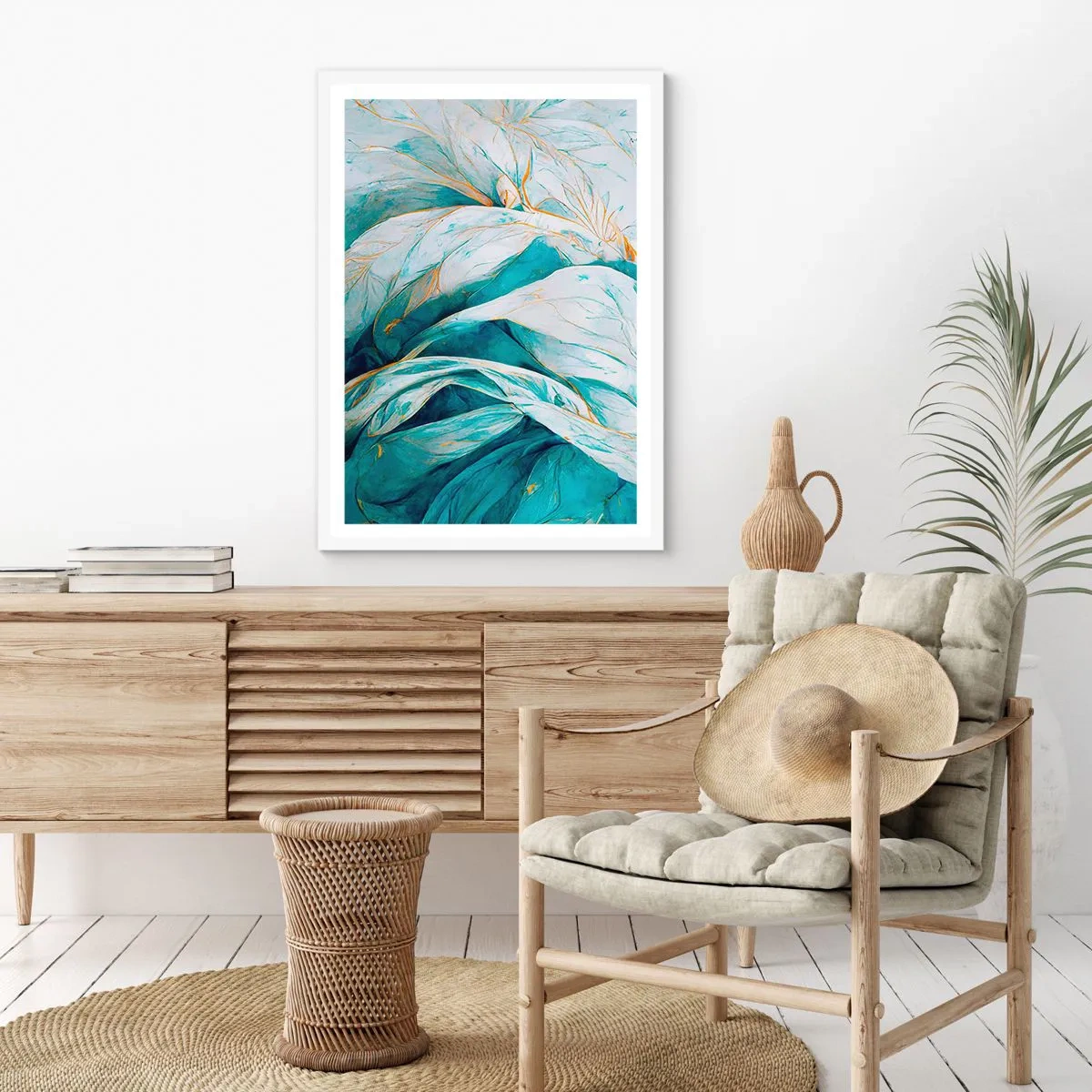 Plagát v bielom ráme - Modrá abstrakcia so zlatým motívom - 70x100 cm