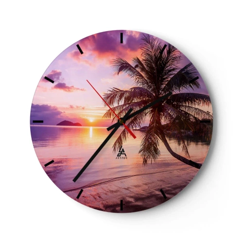 Nástenné hodiny - Palma na pobreží pri západe slnka - 30x30cm - Blahobyt až po okraj - Moderná nástenná dekorácia do obývacej izby, kuchyne a spálne ARTTOR