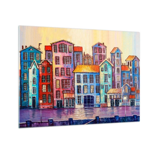 Obraz na skle - Farebné činžiakové domy sa odrážajú vo vode - 70x50cm - Mesto ako z rozprávky - Moderná nástenná dekorácia do obývacej izby a spálne ARTTOR