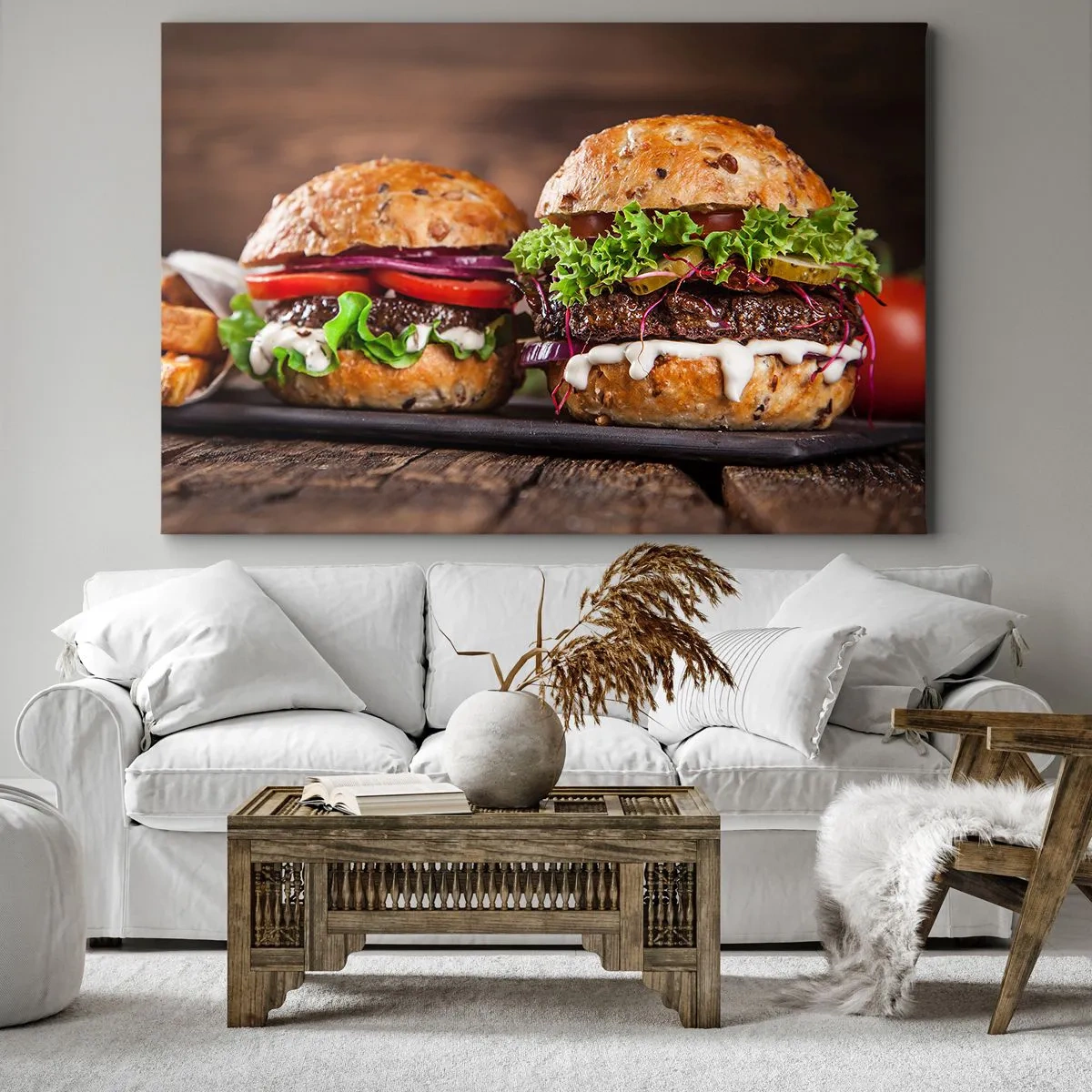 Obraz na plátne - Chutné burgre so zeleninou a omáčkou - 70x50cm - American dream - Moderná nástenná dekorácia do obývacej izby a spálne ARTTOR