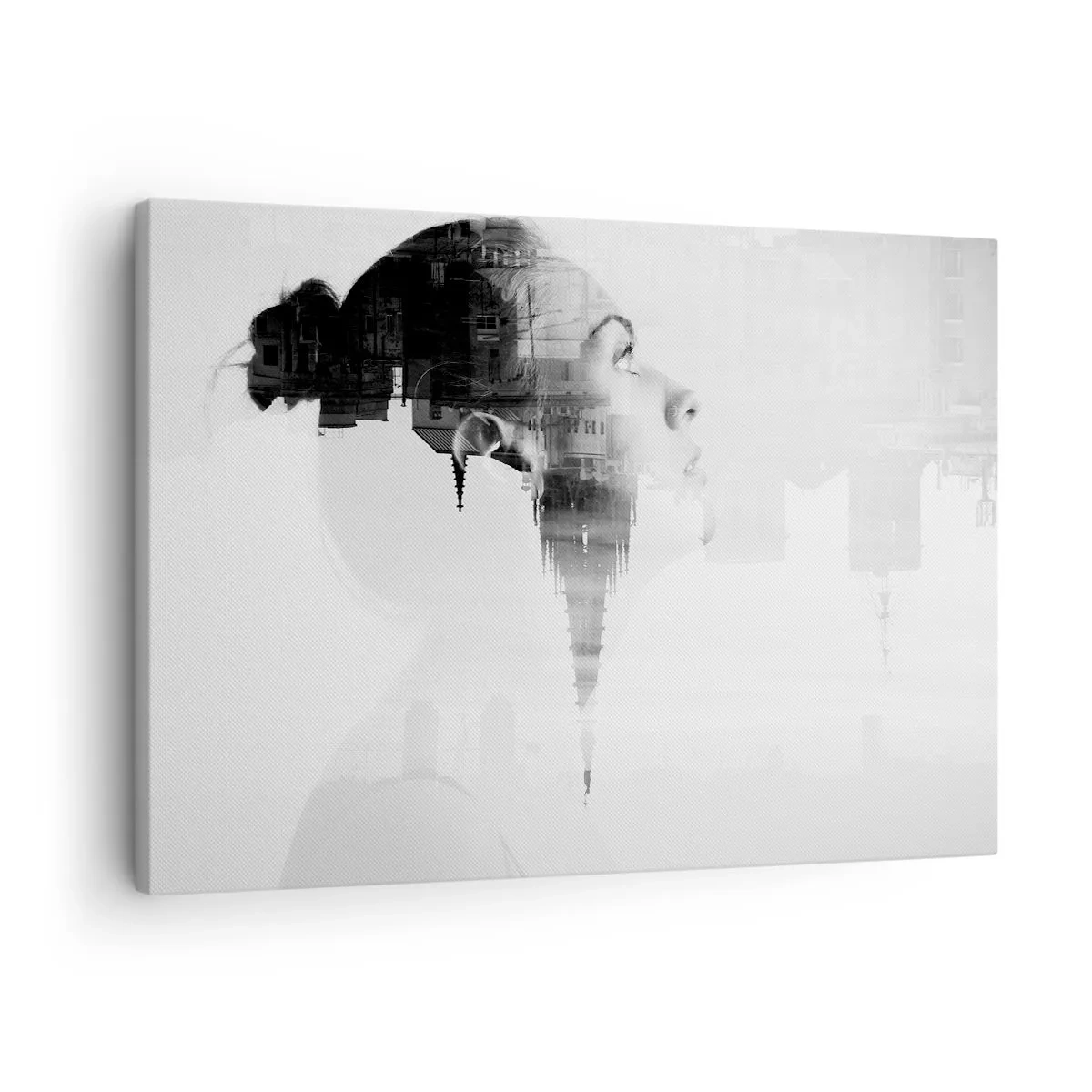 Obraz na plátne - Portrét ženy s obrysom mesta v pozadí, čiernobiele farby - 70x50cm - Z oboch strán okna - Moderná nástenná dekorácia do obývacej izby a spálne ARTTOR