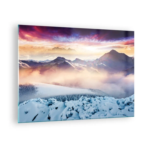 Obraz na skle - Zimná horská krajina so zapadajúcim slnkom a hmlou - 70x50cm - Sila a čistota prírody - Moderná nástenná dekorácia do obývacej izby a spálne ARTTOR