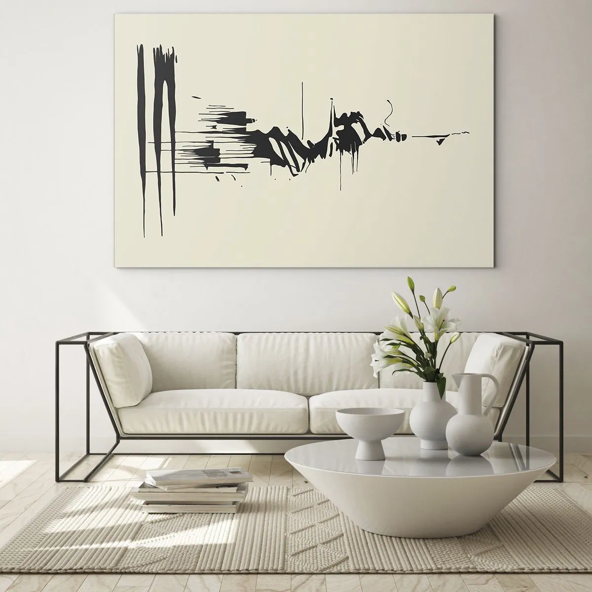 Obraz na skle - Čierne dynamické čiary a škvrny na svetlom pozadí v abstraktnom štýle. - 70x50cm - Rýchla abstrakcia - Moderná nástenná dekorácia do obývacej izby a spálne ARTTOR