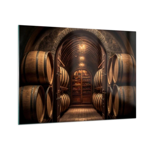 Obraz na skle - Vinohrad so sudmi a osvetlenou pivnicou plnou fliaš - 70x50cm - Nádherná pivnica - Moderná nástenná dekorácia do obývacej izby a spálne ARTTOR