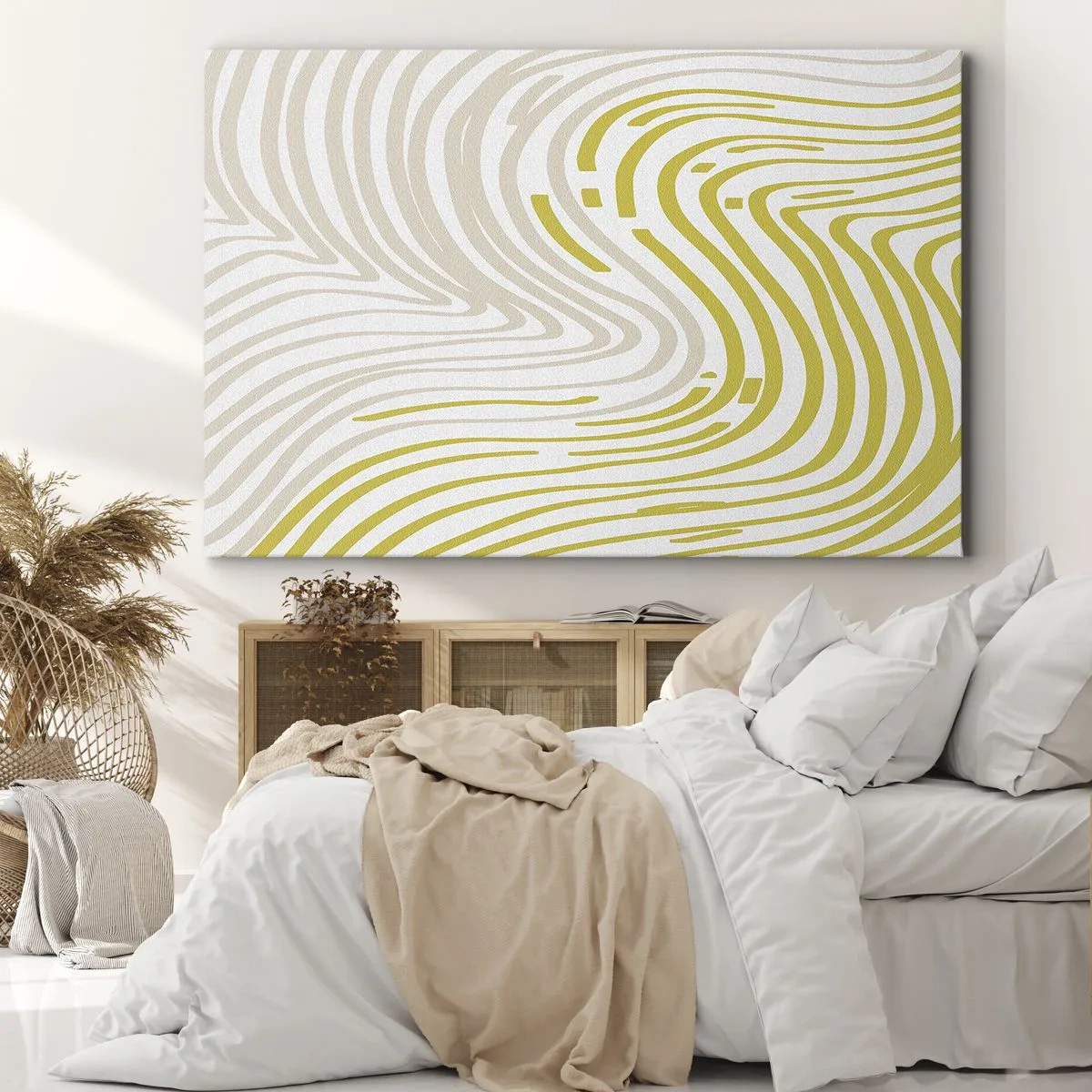 Obraz na plátne - Abstraktný vzor s vlnitými čiarami v odtieňoch žltej a béžovej. - 70x50cm - Kompozícia s miernym ohybom - Moderná nástenná dekorácia do obývacej izby a spálne ARTTOR