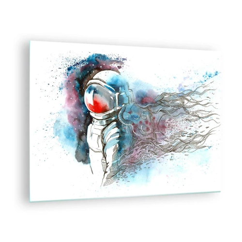Obraz na skle - Astronaut v dynamickom vesmírnom prostredí s akvarelovou farbou - 70x50cm - Sám s vesmírom - Moderná nástenná dekorácia do obývacej izby a spálne ARTTOR