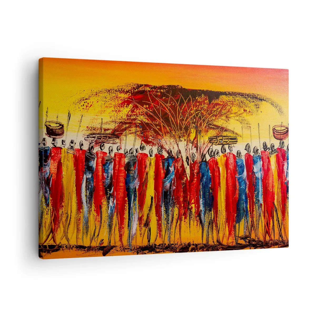 Obraz na plátne - Farebná scéna s africkými postavami na pozadí zapadajúceho slnka. - 70x50cm - Tam, tam, tam, tam idú - Moderná nástenná dekorácia do obývacej izby a spálne ARTTOR