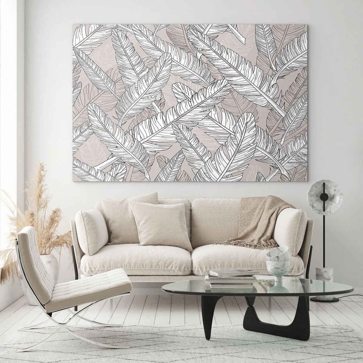 Obraz na skle - Čiernobiele listy na béžovom pozadí v grafickom štýle - 70x50cm - Vírenie peria - Moderná nástenná dekorácia do obývacej izby a spálne ARTTOR