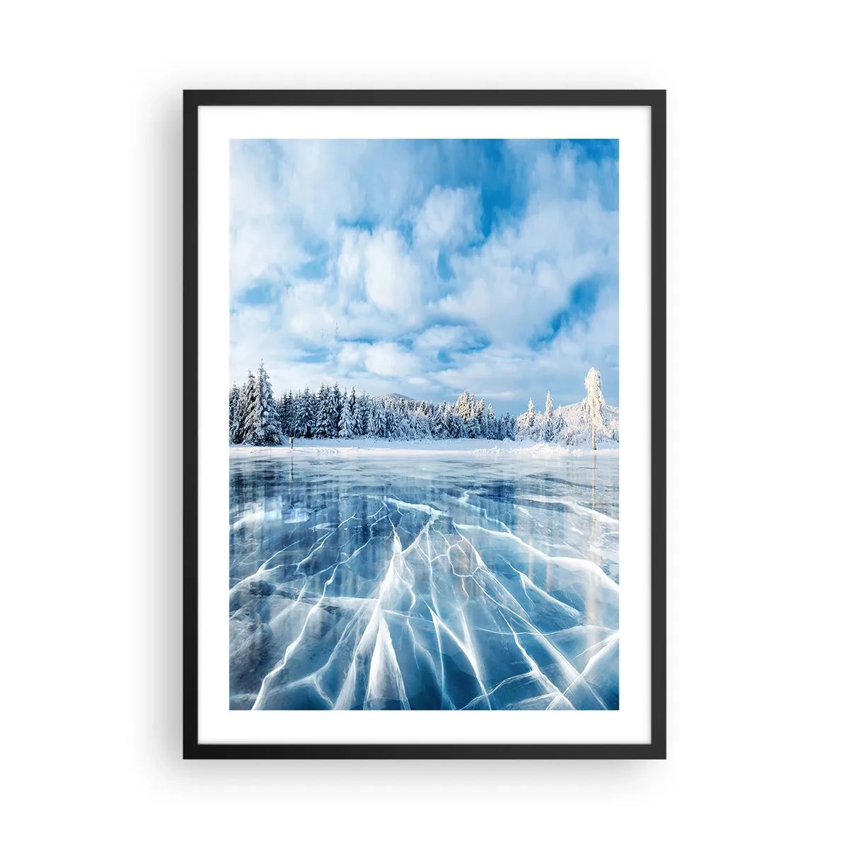 Plagát v čiernom ráme - Zamrznuté jazero v zimnej krajine - 50x70cm - Oslnivý a kryštalický pohľad - Moderná nástenná dekorácia do obývacej izby a spálne ARTTOR