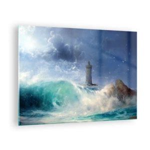 Obraz na skle - Maják medzi rozbúrenými oceánskymi vlnami - 70x50cm - Na stráži proti živlom - Moderná nástenná dekorácia do obývacej izby a spálne ARTTOR