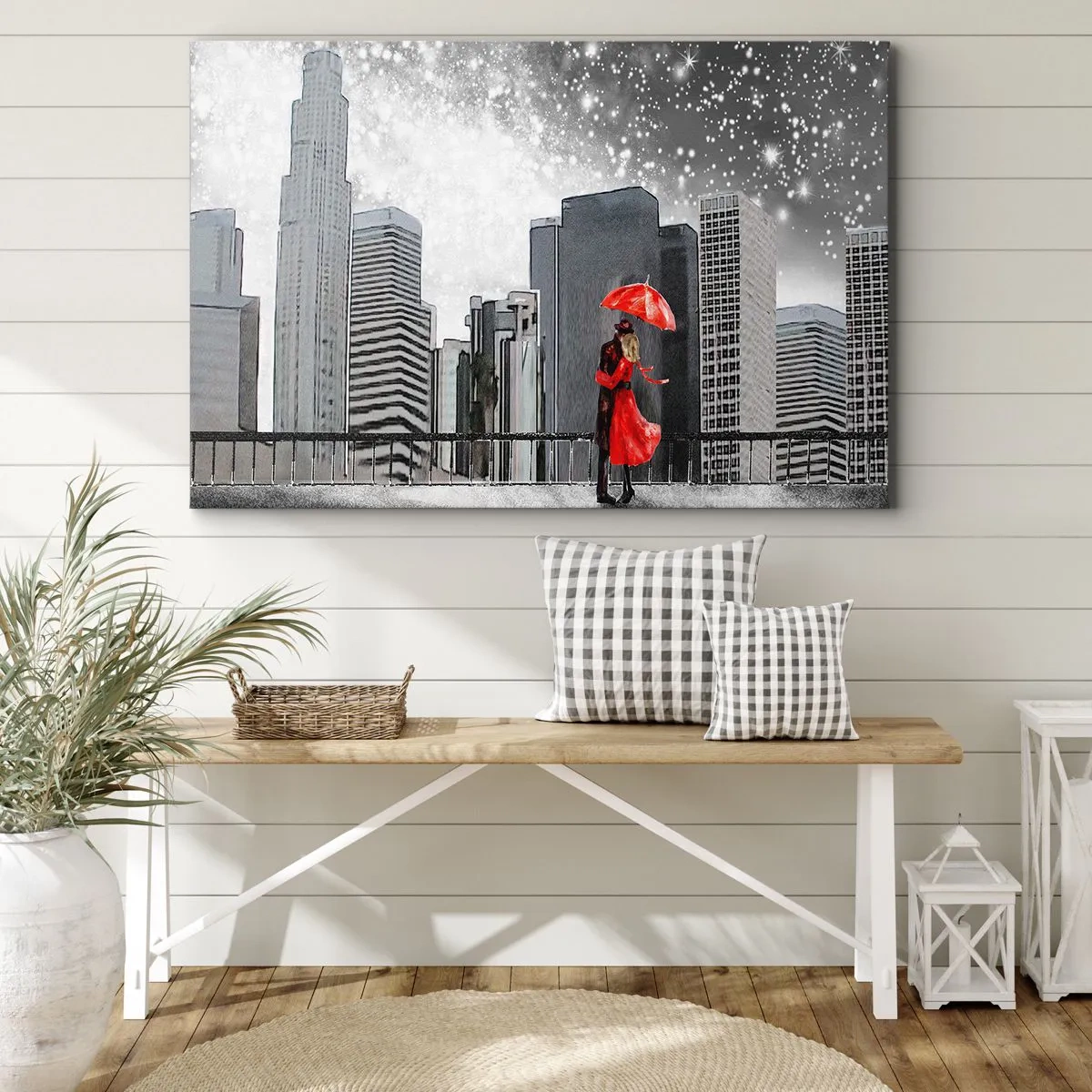 Obraz na plátne - Pár v červenom s dáždnikom na pozadí mestskej krajiny - 70x50cm - Človek nie je kameň - Moderná nástenná dekorácia do obývacej izby a spálne ARTTOR